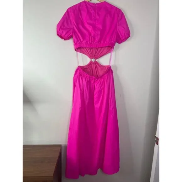 NWT Staud Calypso Cut-Out A-Line Puff Sleeve Zip Maxi Dress Bougainvillea Pink